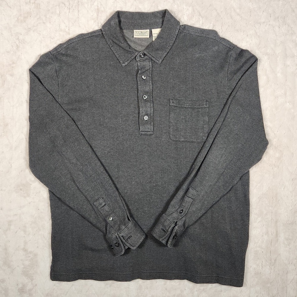 LL Bean Mens Medium Polo Gray Herringbone Pima Cotton Long Sleeve Shirt 291713